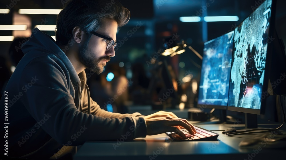 Aufkleber Engineer Working on Computer in a Technological Office, Young Specialist Writing Software Code for an Innovative Big Data Blockchain Project.