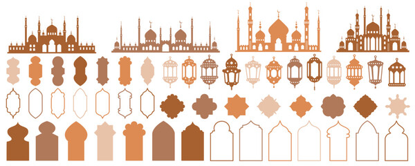 Ramadan Muslim vector shapes set. Islamic mosque window frames and lanterns silhouettes. Traditional arch template design for decoration. Oriental minimal elements.