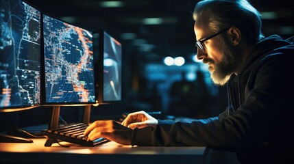 Engineer Working on Computer in a Technological Office, Young Specialist Writing Software Code for an Innovative Big Data Blockchain Project.