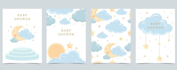 Fototapeta na wymiar Baby shower invitation card for boy with balloon, cloud,sky, blue