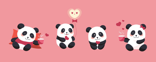 cute panda object set with heart for valentine's day.illustration vector for postcard,icon,sticker © piixypeach