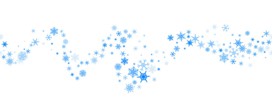 Snowflakes vector background. Winter holiday wavy decor with blue crystal elements. Graphic icy frame isolated on white backdrop.