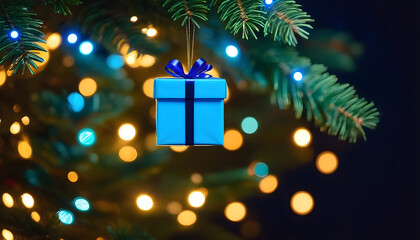 Fototapeta na wymiar Christmas Gift Present In Ball Hanging Fir Branch With Bokeh Lights In Blue Abstract Eve Night