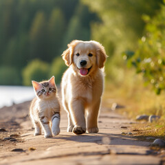 a golden retriever puppy with a kitten walks along the road near the lake in summer