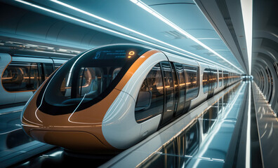 Naklejka premium A futuristic transportation hub where passengers board hyperloop pods for high-speed, frictionless travel between cities, The infrastructure boasts sustainable and energy-efficient design.