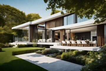 Fototapeta na wymiar view of luxurious modern house exterior with dining space and garden