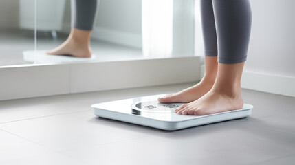 A woman stands on a scale checking her weight