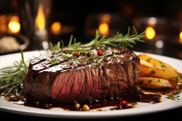 Filet mignon on a plate (Beef fillet served with a choice of pepper or mushroom sauce). - obrazy, fototapety, plakaty