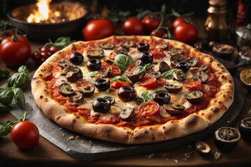 Close-up of a delicious round hot fresh pizza on a wooden background. Food, restaurant, delivery concepts.
