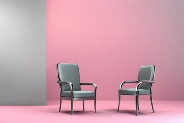 3d,steel chair,colour is gray,outstanding view,background is pink. - obrazy, fototapety, plakaty