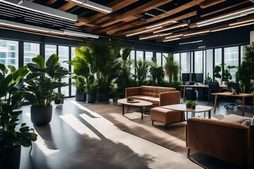 *A calming photo of an open space office, showing a relaxation zone complete with cozy sofas and indoor plants