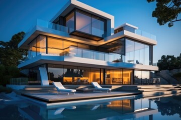 Fototapeta premium A Modern villa, Floor-to-ceiling windows, Large color block decoration, Futuristic architectural style.