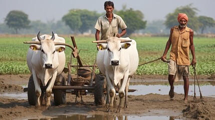 Cultivation of land for planting crops. Indian farmers plow the land with the help of buffaloes. The hard work of villagers for income and food. - obrazy, fototapety, plakaty