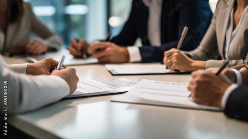 Poster close-up view of hands signing a document, with multiple individuals engaged in a business meeting a