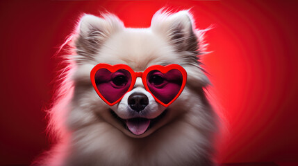 ?lose-up of a cheerful Pomeranian dog wearing red, heart-shaped sunglasses against a vibrant red...
