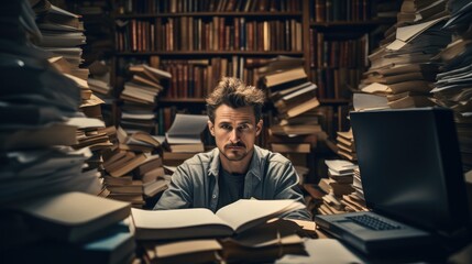 A man is surrounded by disarrayed books with scattered papers and a laptop, Wearing an expression of annoyance and inattention.