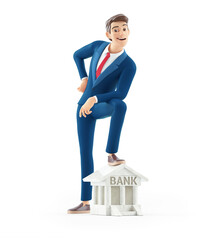 3d cartoon businessman foot on bank building icon, illustration isolated on white background