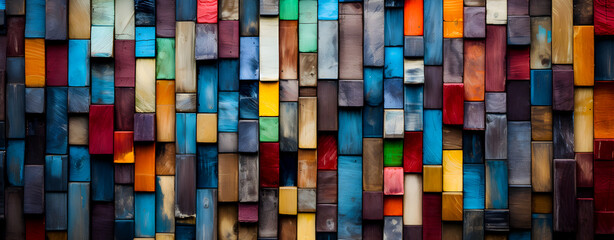 colorful mosaic of wooden blocks in various shades and colors, creating a vibrant and textured...