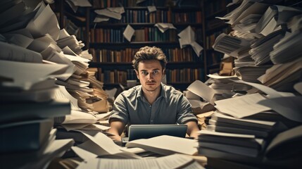 A man is surrounded by disarrayed books with scattered papers and a laptop, Wearing an expression of annoyance and inattention. - obrazy, fototapety, plakaty