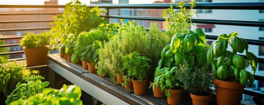 Balcony herb garden concept. Beautiful lush herb garden