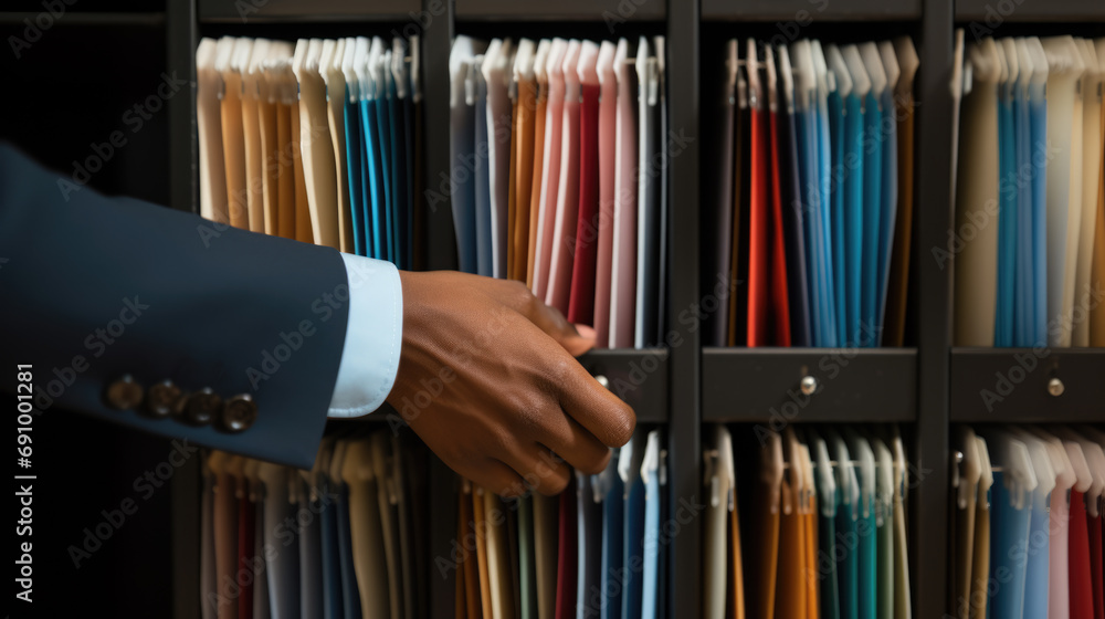 Poster close-up of a person in a business suit searching through open file drawers full of documents.