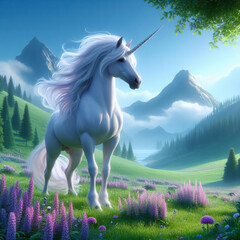 Obraz na płótnie Canvas Generative AI white unicorn in the meadow