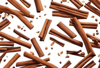 Falling cinnamon sticks isolated on transparent or white background