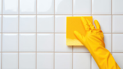 Close-up of a hand in a yellow cleaning glove holding an orange sponge, wiping down white ceramic tiles.