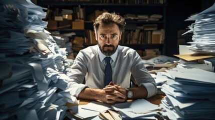 Busy businessman multitasking or tired and exhausted from overworked, Overload job, Lot of paperworks concept, Workaholic businessman working hard on his office desk with paper works.