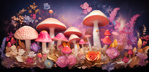 mushrooms in the pink forest surrounded with flowers and butterflies 