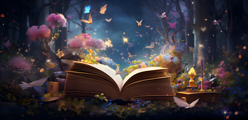 magic book with magic lights and butterflies flying arround  - obrazy, fototapety, plakaty