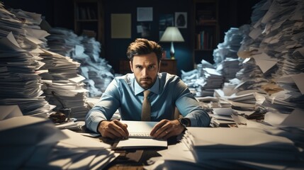 Busy businessman multitasking or tired and exhausted from overworked, Overload job, Lot of paperworks concept, Workaholic businessman working hard on his office desk with paper works.