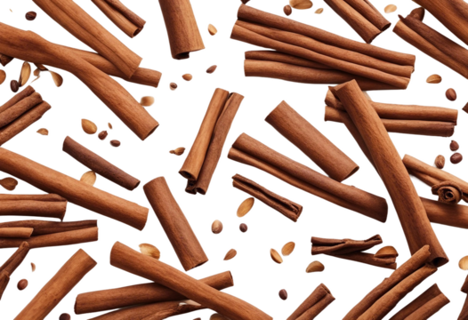 Falling cinnamon sticks isolated on transparent or white background