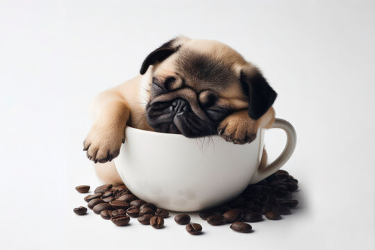 Pug dog sleep in a cup of coffee on solid white background. ai generative