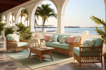 Beach Resort Paradise: Tropical prints, rattan furniture