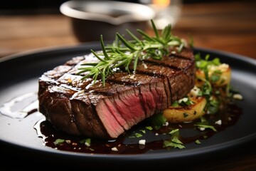 Beef steak on plate.