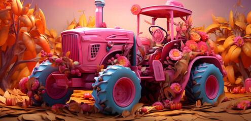 Pink tractor in retro style