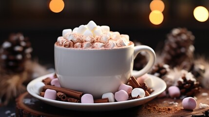 Chocolate with marshmallows cup, Hot Winter holiday beverage.