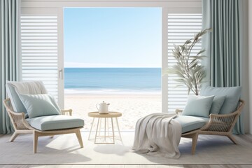 Fototapeta na wymiar Beachy vibes with light, airy curtains and a coastal 