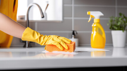 Close-up of a hand in a yellow cleaning glove holding an orange sponge, wiping down white ceramic tiles. - obrazy, fototapety, plakaty