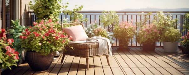 Fototapeta na wymiar Beautiful balcony or terrace with wooden floor