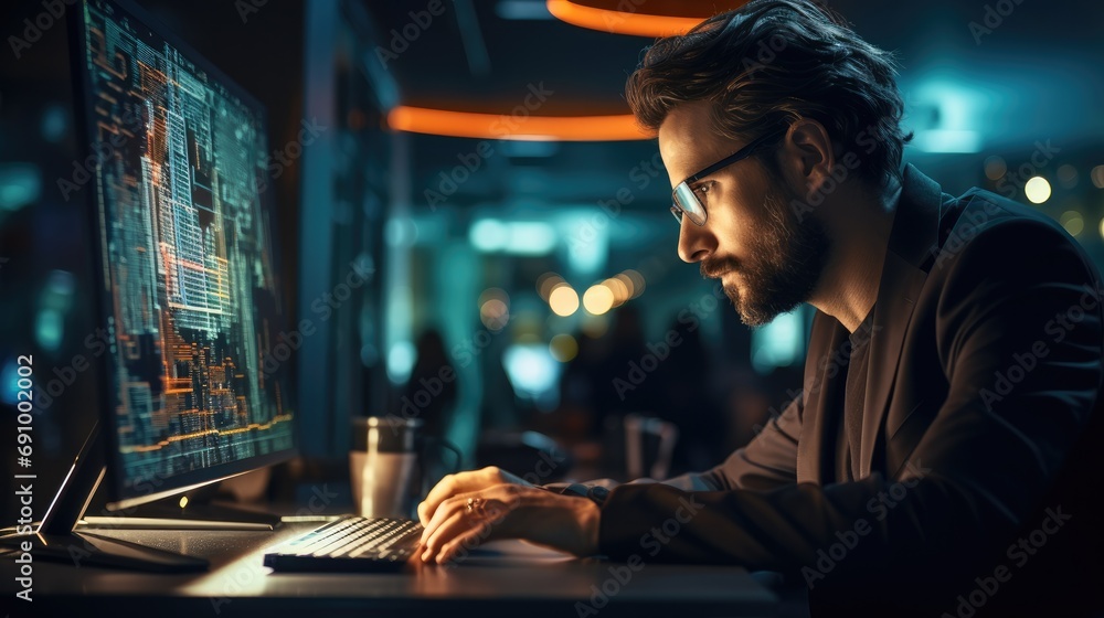 Aufkleber Developer coder intensely working on their computer with lines of code on the screen, Have a concentrated expression, Showing their dedication and passion for AI development in a office.