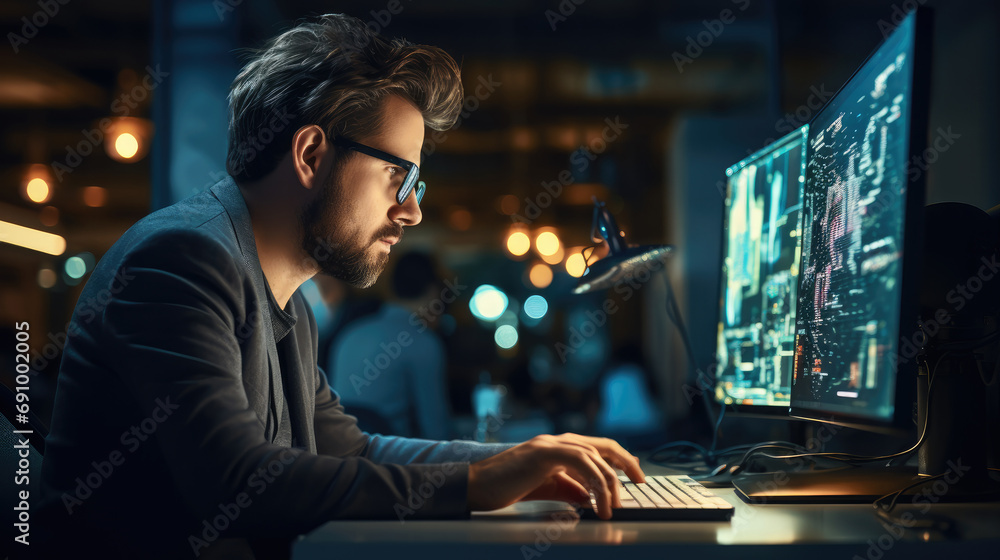 Aufkleber Developer coder intensely working on their computer with lines of code on the screen, Have a concentrated expression, Showing their dedication and passion for AI development in a office.