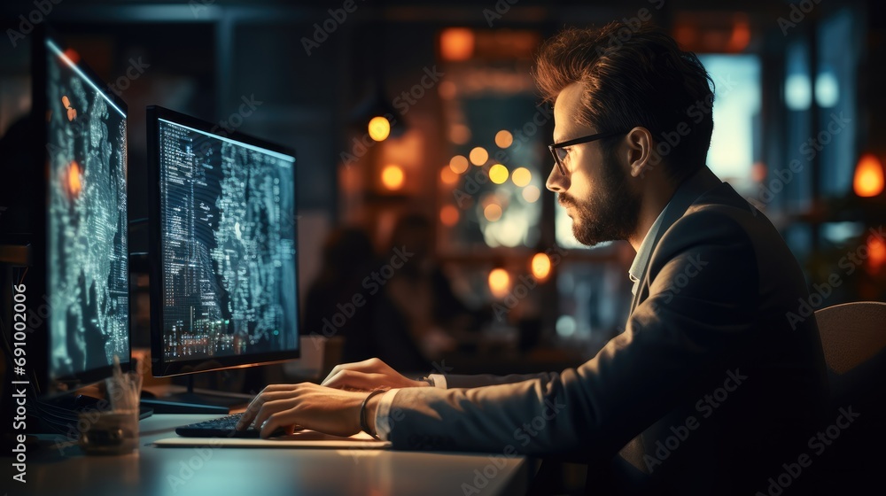 Leinwandbilder Developer coder intensely working on their computer with lines of code on the screen, Have a concentrated expression, Showing their dedication and passion for AI development in a office.