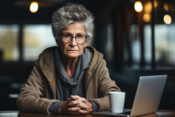 70 year old woman sitting behind a laptop, Looking at something outside the frame, She is sad.