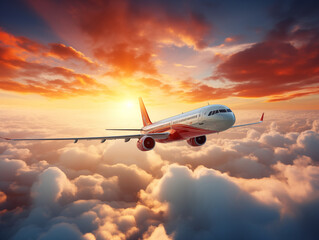 Fototapeta na wymiar airplane in the sunset sky