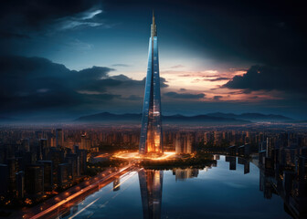 A high future glass skyscraper in a big city, Future city background, Evening lights, Architecture
