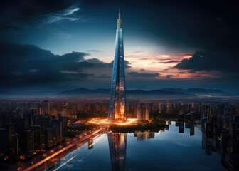 Obraz premium A high future glass skyscraper in a big city, Future city background, Evening lights, Architecture