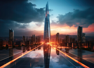 Fototapeta na wymiar A high future glass skyscraper in a big city, Future city background, Evening lights, Architecture