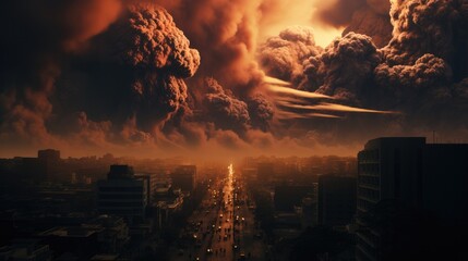 A cityscape in chaos as a volcanic eruption unfolds. - obrazy, fototapety, plakaty